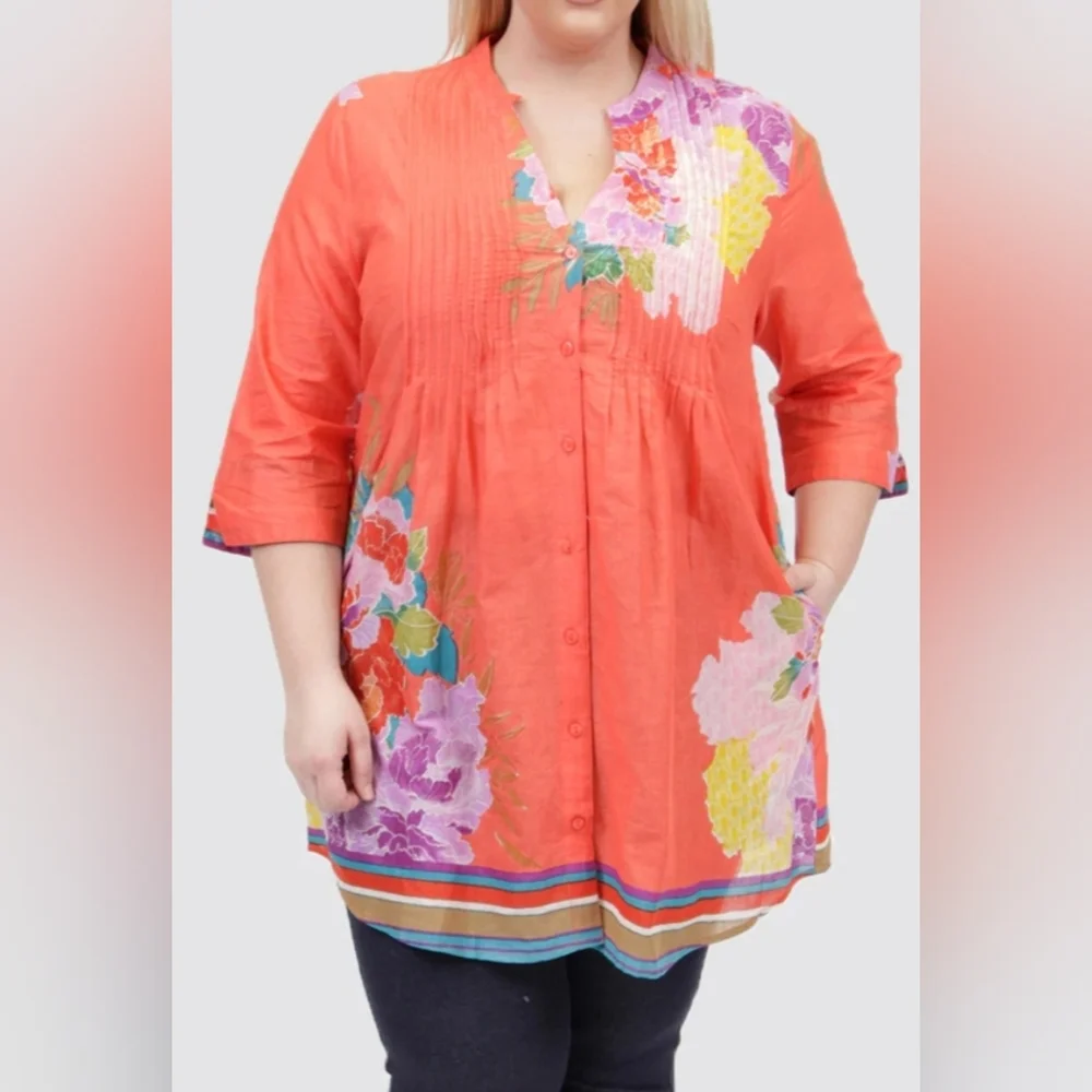 Sundance (Size M) Multicolored Floral Cotton Button Down Front Half Sleeve Tunic